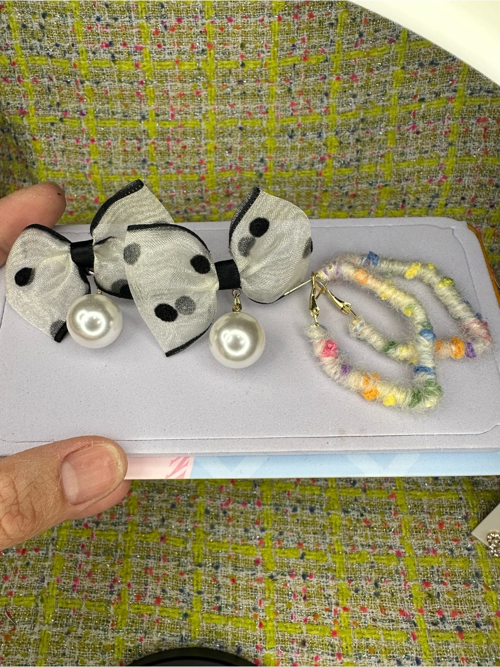 Dot Bow Earrings with Pearl & Rainbow Hoop Set